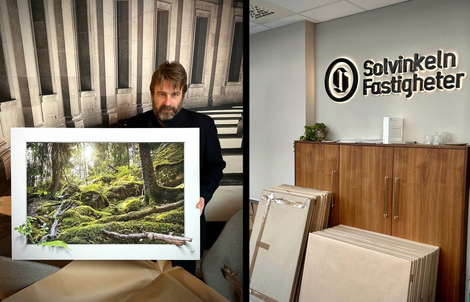 Solvinkeln Fastigheter AB  Mikael Wiklund visar levererade naturtavlor till deras kontor på Liljeholmen i Stockholm.